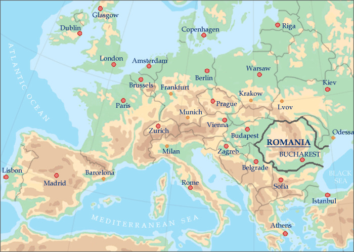 Map of Europe with Romania highlighted in the east